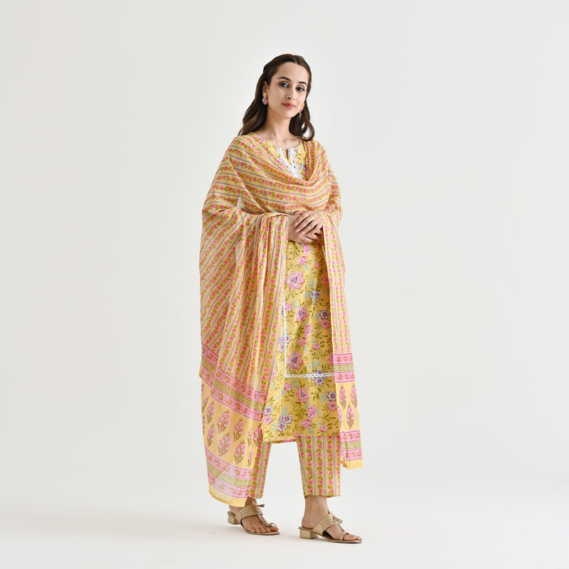 Yellow Floral Printed Cotton Kurta Pant Dupatta Set with Lace Highlight