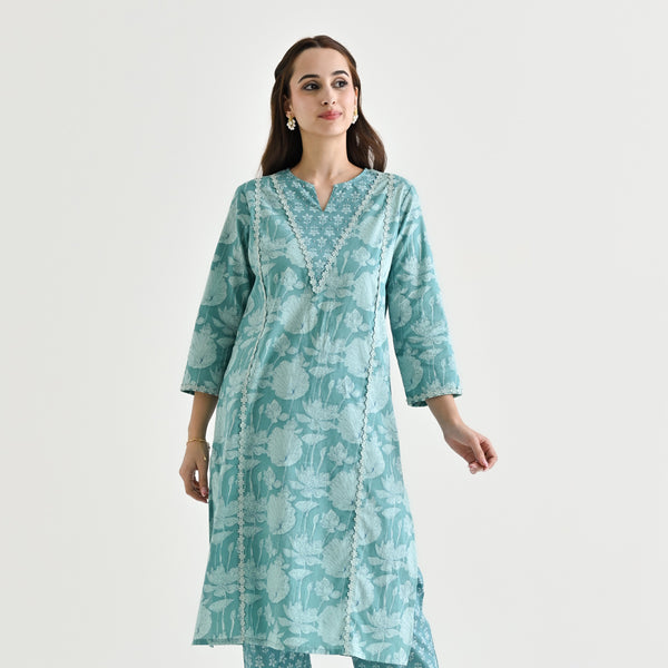Teal Lotus Printed Kurta with Lace & Embroidery Details