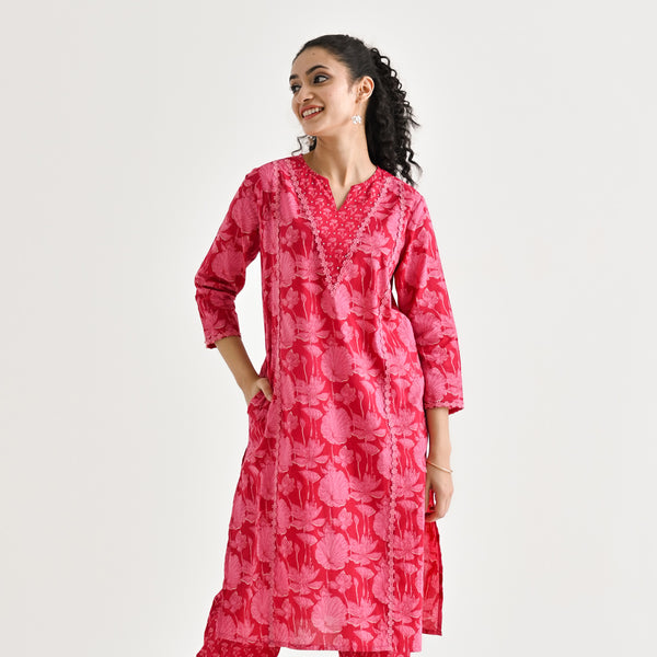 Pink Lotus Printed Cotton Kurta with Lace & Embroidery Details