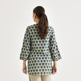 Indigo Sanganeri Inspired Floral Cotton Tunic with Pintuck Neckline