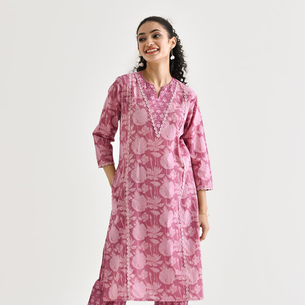 Lavender Lotus Printed Cotton Kurta with Lace & Embroidery Details