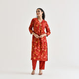 Red Floral Printed Cotton Kurta with Sequin Embroidered Neckline