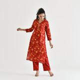 Red Floral Printed Cotton Kurta with Sequin Embroidered Neckline