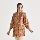 Beige Sanganeri Printed Cotton Tunic with Pintuck Detail