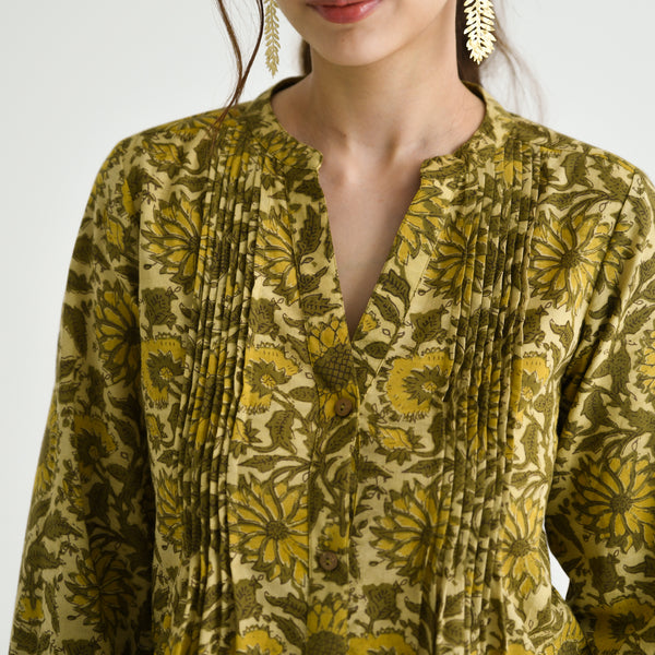 Olive Sanganeri Printed Cotton Tunic with Pintuck Detail