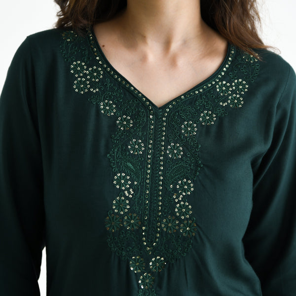 Emerald Green Embroidered Cotton Kurta