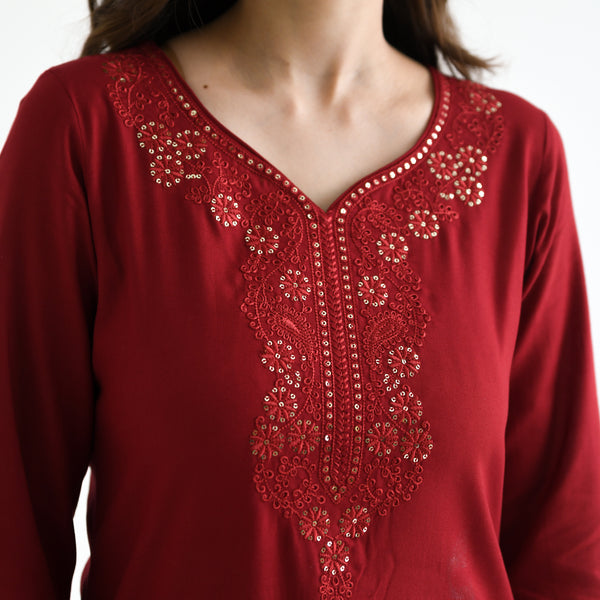 Red Embroidered Cotton Kurta