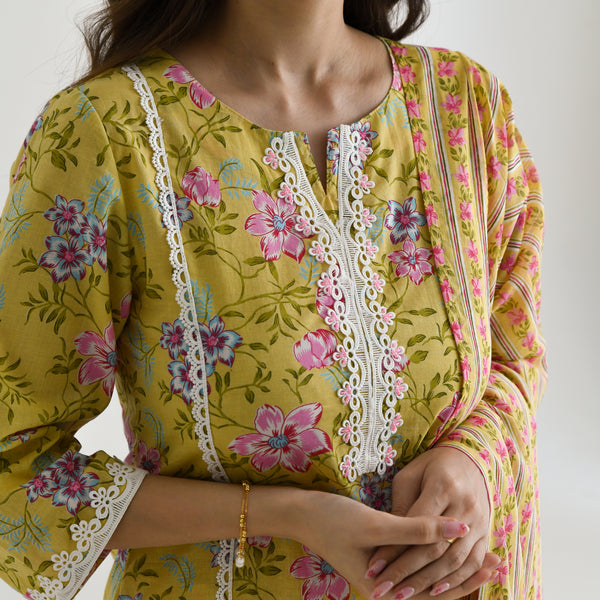 Yellow Floral Printed Cotton Kurta Pant Dupatta Set with Lace Highlight