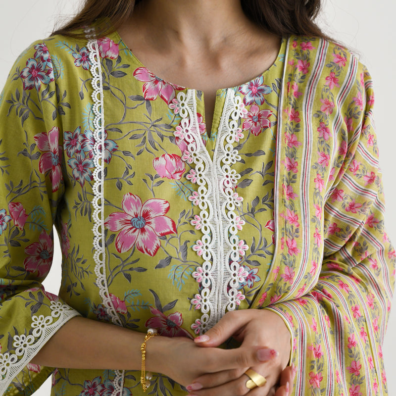 Light Green Floral Printed Cotton Kurta Pant Dupatta Set with Lace Highlight