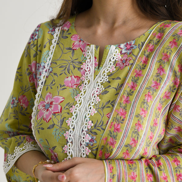 Light Green Floral Printed Cotton Kurta Pant Dupatta Set with Lace Highlight