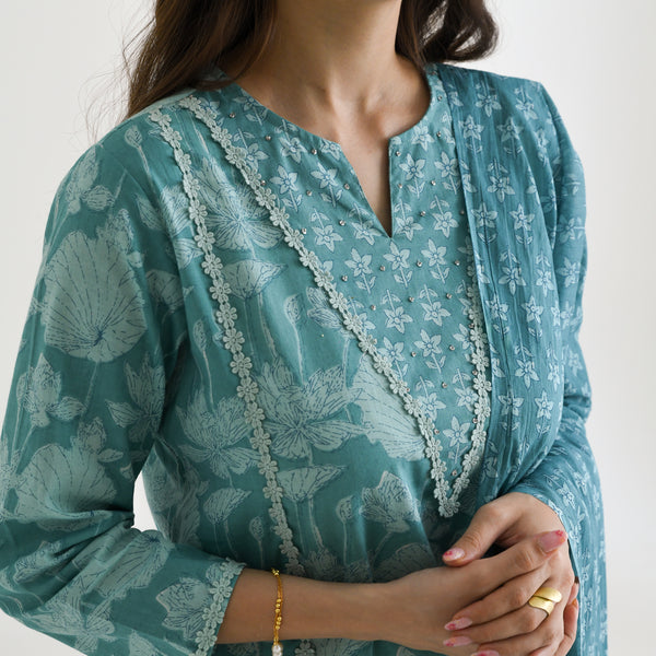 Teal Lotus Printed Cotton Kurta Pant Dupatta Set with Lace & Embroidery Details