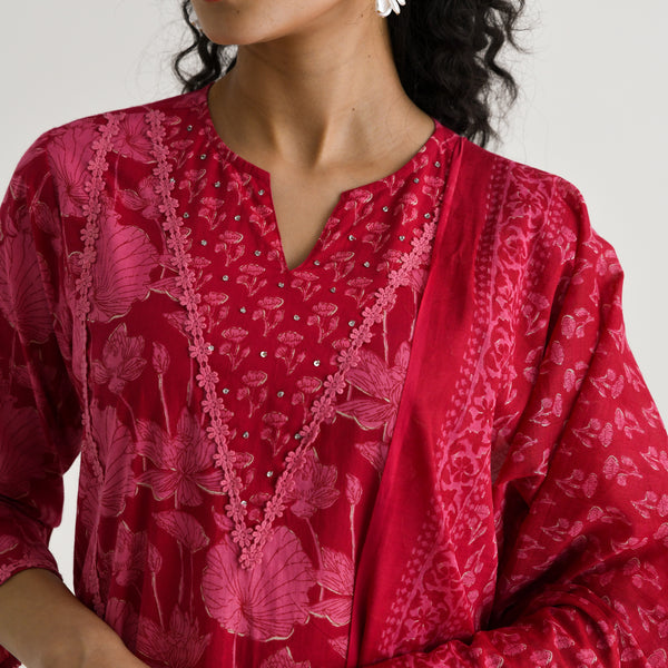 Pink Lotus Printed Cotton Kurta Pant Dupatta Set with Lace & Embroidery Details