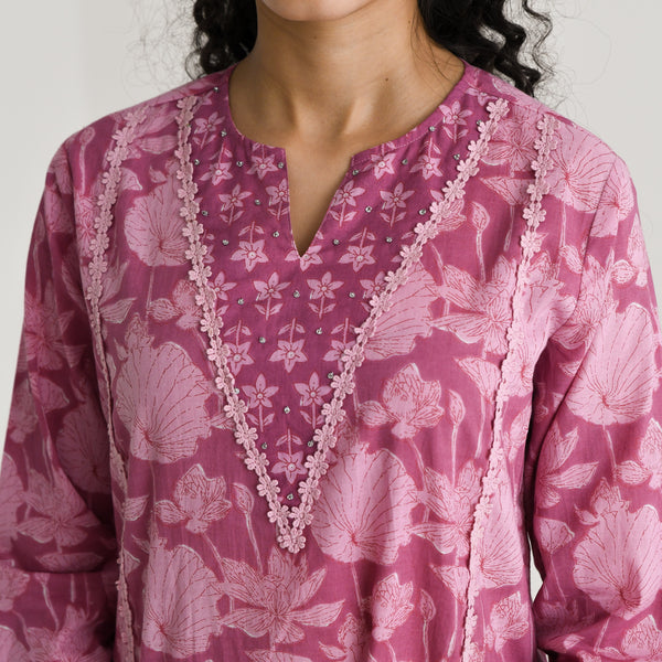 Lavender Lotus Printed Cotton Kurta with Lace & Embroidery Details