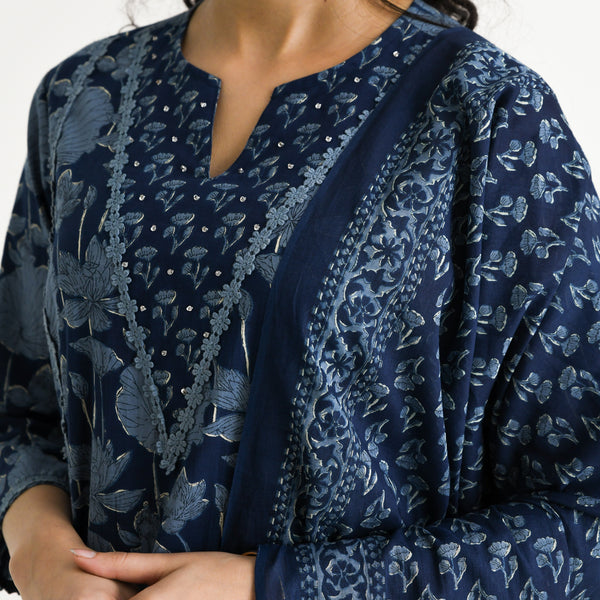 Indigo Lotus Printed Cotton Kurta Pant Dupatta Set with Lace & Embroidery Details