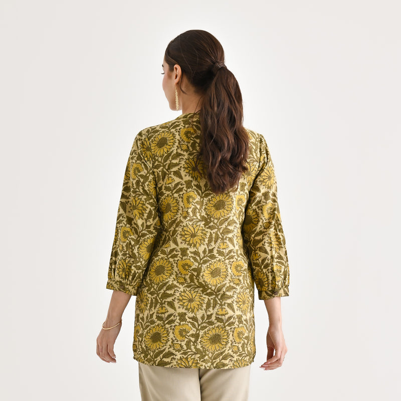 Olive Sanganeri Printed Cotton Tunic with Pintuck Detail