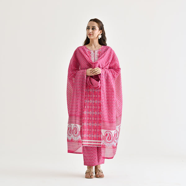 Pink Ikat Inspired Cotton Kurta Pant Dupatta Set with Embroidery Detail