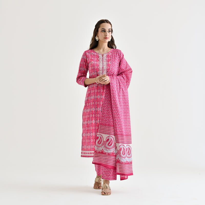 Pink Ikat Inspired Cotton Kurta Pant Dupatta Set with Embroidery Detail