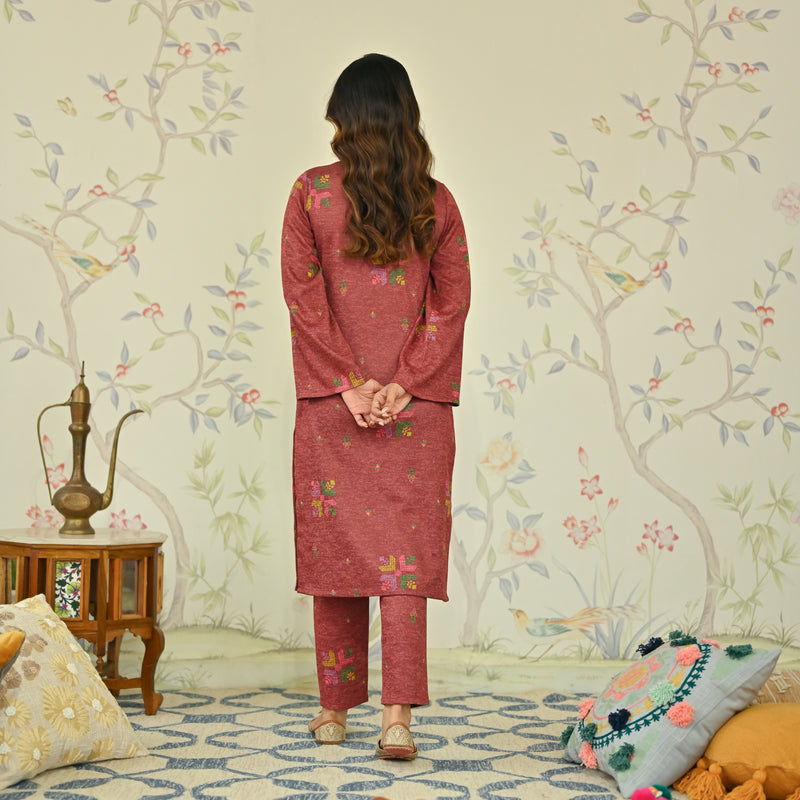 Maroon Phulkari Printed Woollen Kurta Set with Sequins Work
