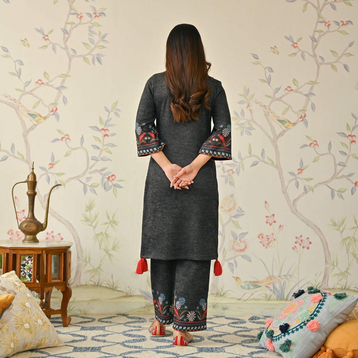 Black Tribal Woollen Kurta with Tassel Detailing