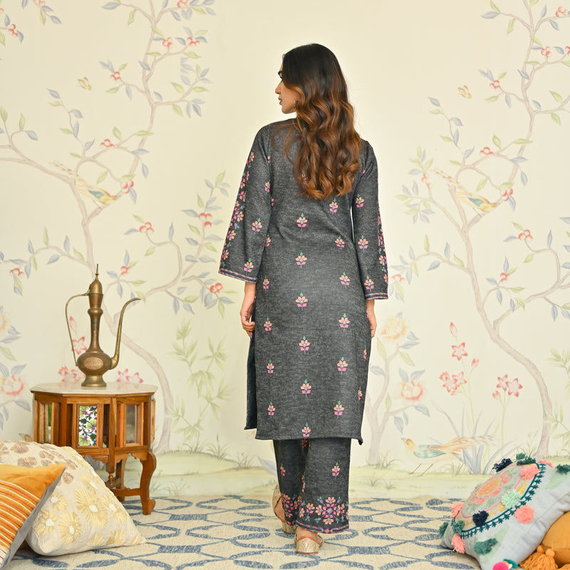 Black Geometric Floral Woollen Kurta with Embroidery Detail