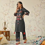 Black Tribal Woollen Kurta Set with Tassel Detailing