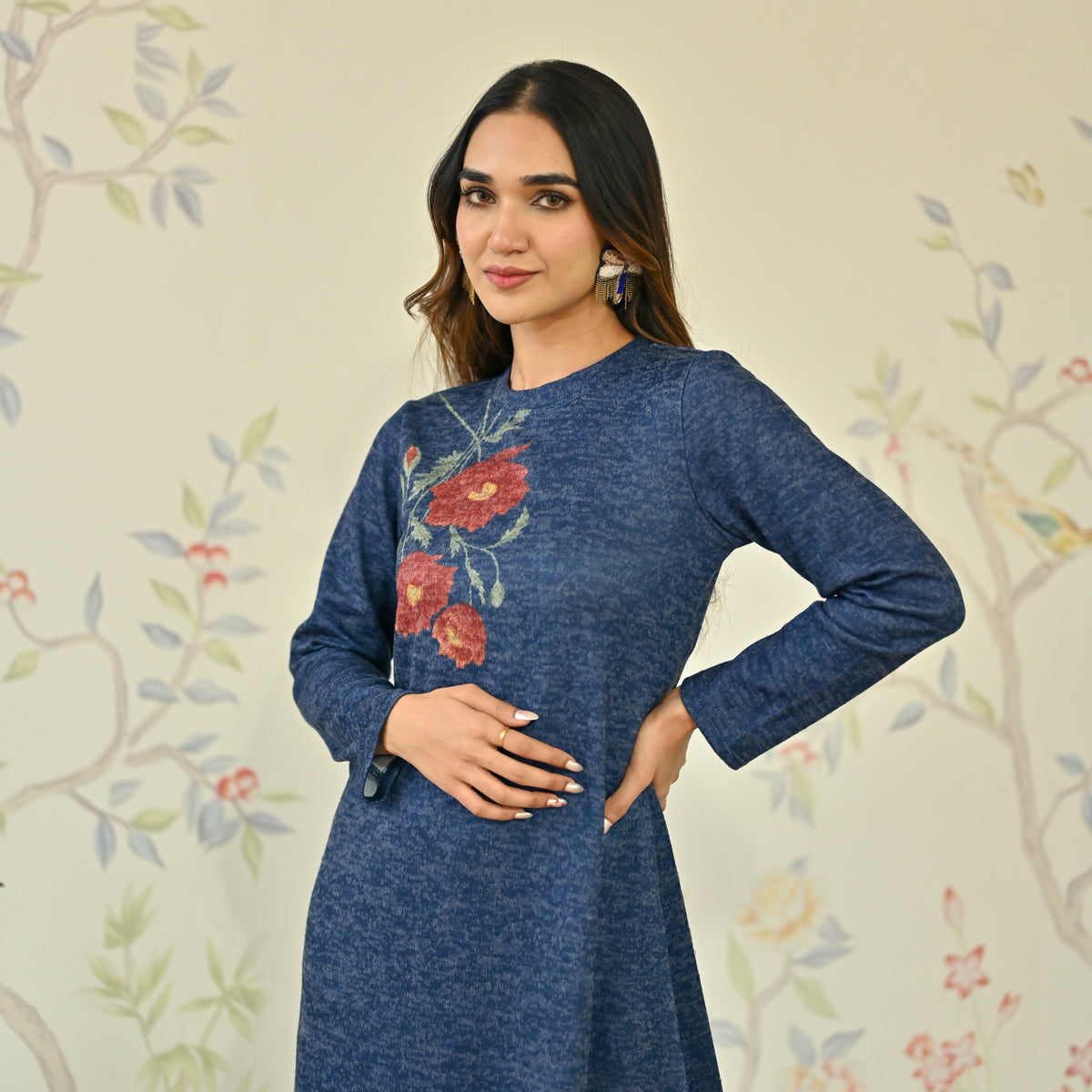 Navy Blue Floral A-line Woollen Dress