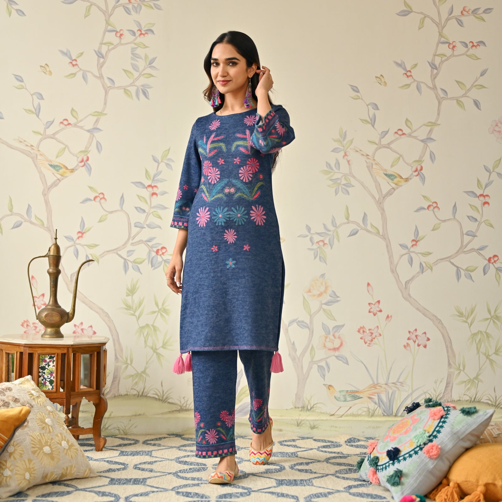 Blue Tribal Woollen Kurta with Tassel Detailing
