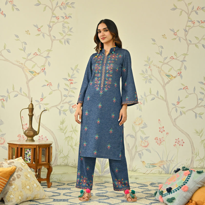 Navy Blue Geometric Floral Woollen Kurta with Embroidery Detail