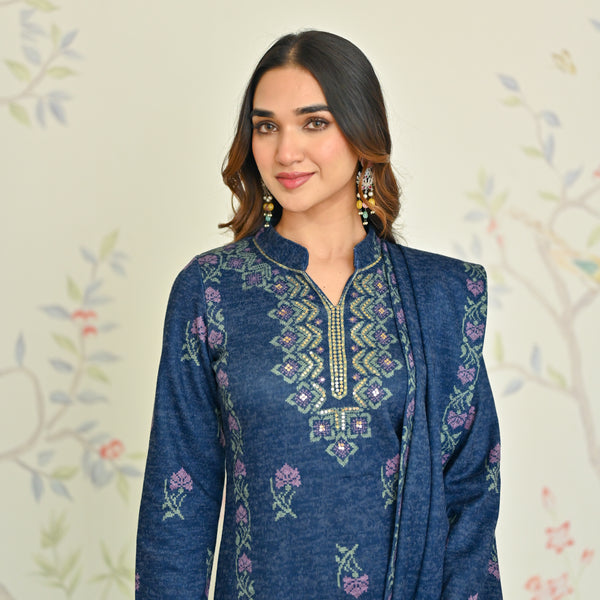 Blue Embellished Festive Kurta, Trousers and Dupatta Set