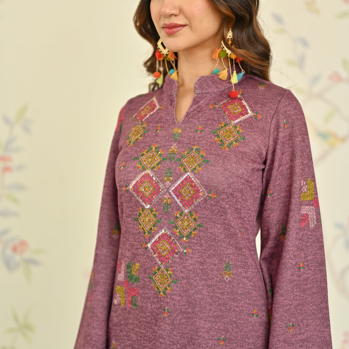 Mauve Phulkari Printed Woollen Kurta with Sequins Work