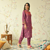 Dusty Pink Floral Woollen Kurta Set with Bell Sleeves
