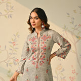 Ivory Geometric Floral Woollen Kurta with Embroidery Detail