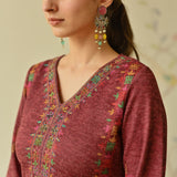 Maroon Embroidered & Phulkari Printed Woollen Kurta Pant Set