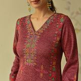 Maroon Embroidered & Phulkari Printed Woollen Kurta Pant Set