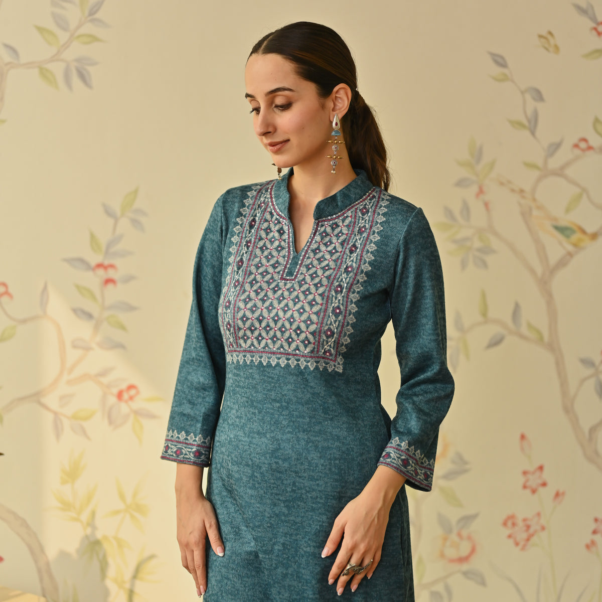 Teal Embroidered & Monotone Woollen Kurta