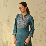 Teal Embroidered & Monotone Woollen Kurta Pant Set