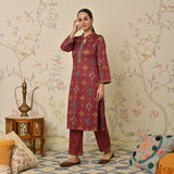 Maroon Embroidered & Ikat Printed Woollen Kurta Pant Set