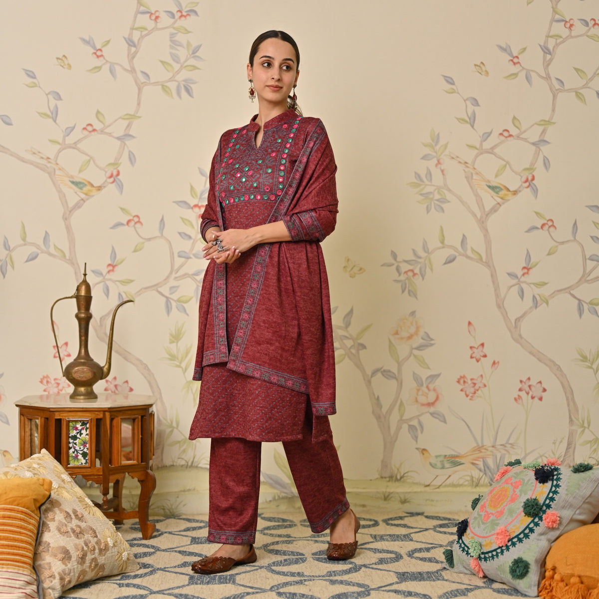 Maroon Kutch Embroidered Woollen Kurta Pant Set with Dupatta