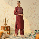 Maroon Embroidered & Monotone Woollen Kurta Pant Set