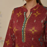 Maroon Embroidered & Ikat Printed Woollen Kurta Pant Set