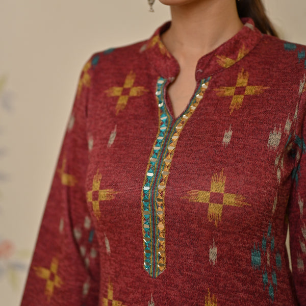 Maroon Embroidered & Ikat Printed Woollen Kurta
