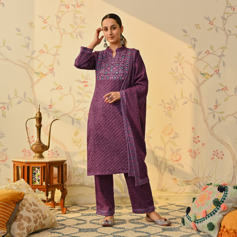 Purple Kutch Embroidered Woollen Kurta Pant Set with Dupatta