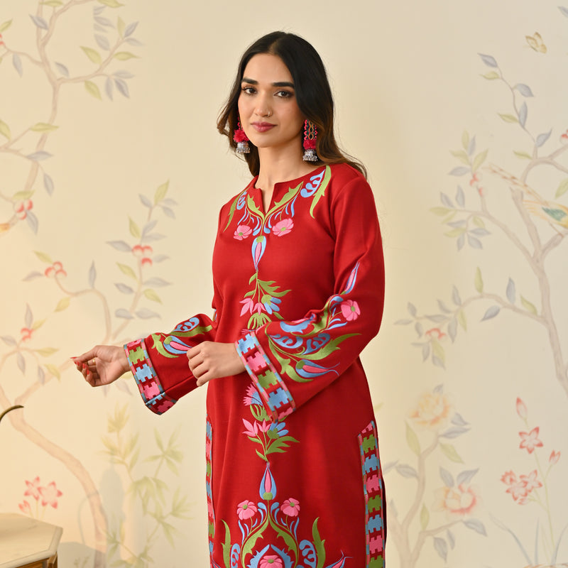 Maroon Woollen Aari Embroidered Kashmiri Kurta Pant Set