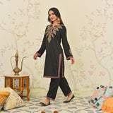 Black Woollen Aari Embroidered Floral Kurta Pant Set