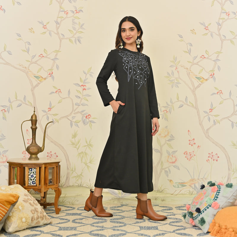 Black Aari Embroidered Geometric A-line Woollen Dress