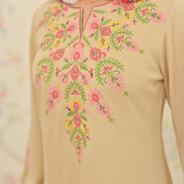 Beige Woollen Aari Embroidered Floral Kurta Pant Set