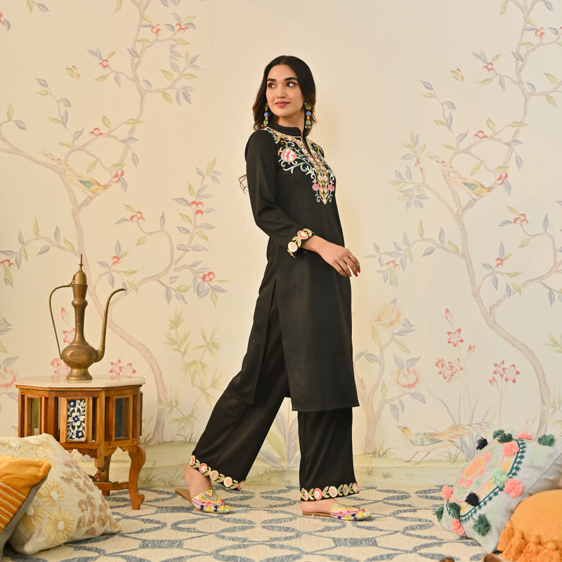 Black Woollen Aari Embroidered Straight Kurta Pant Set with Mandarin Collar