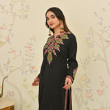 Black Woollen Aari Embroidered Floral Kurta Pant Set