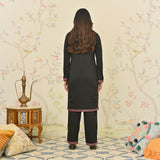 Black Woollen Aari Embroidered Floral Kurta Pant Set