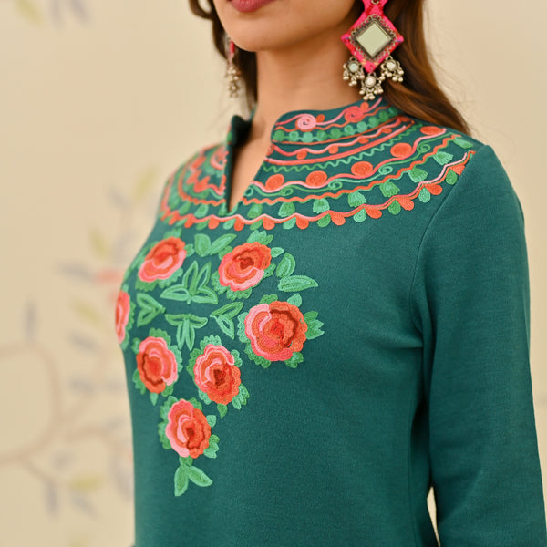 Teal Woollen Aari Embroidered Floral Kurta Pant Set with Band Collar